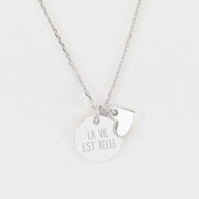 Pendentif enfant personnalisé médaille gravée argent 15 mm et breloque cœur email blanc 10 mm - texte la vie est belle