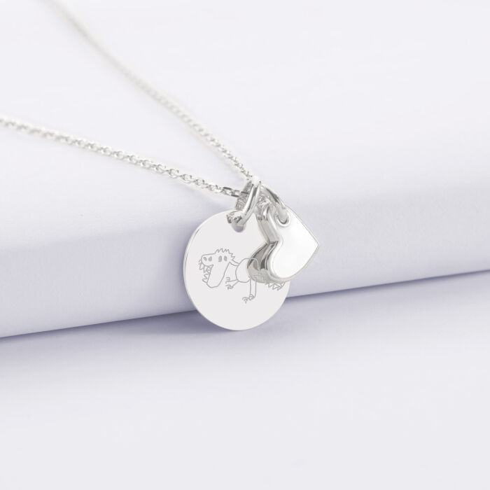 Pendentif enfant personnalisé médaille gravée argent 15 mm et breloque cœur email blanc 10 mm - Dessin