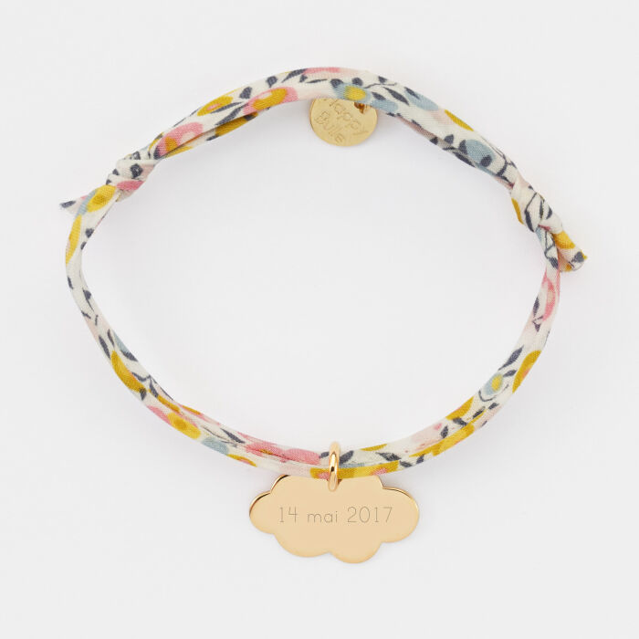 Bracelet baptême enfant Liberty personnalisé prénom médaille gravée plaqué or nuage 20x14 mm - date