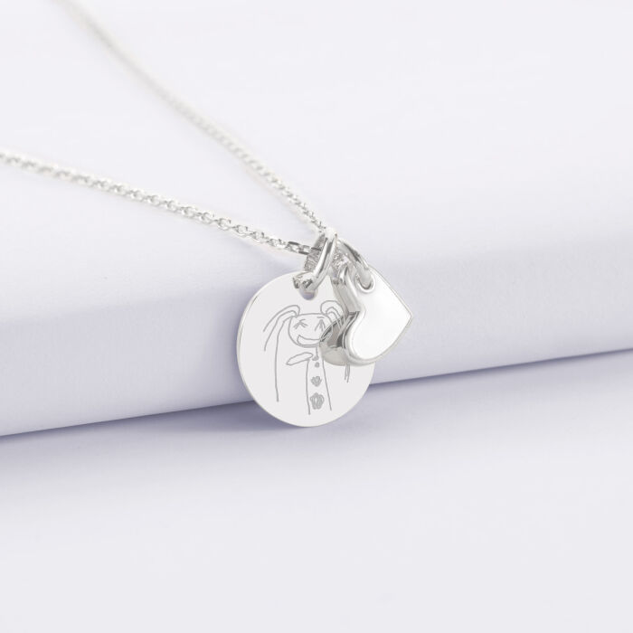 Pendentif personnalisé médaille gravée argent 15 mm et breloque cœur email blanc 10 mm