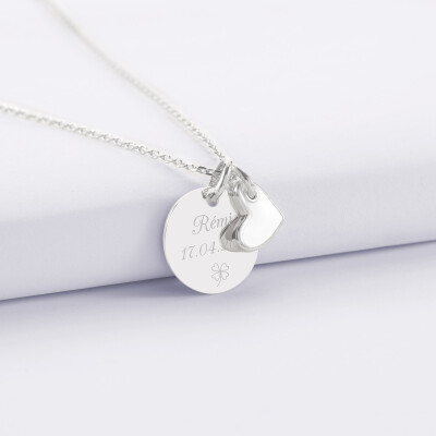 Pendentif personnalisé médaille gravée argent 15 mm et breloque cœur email blanc 10 mm