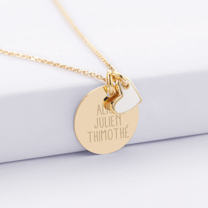 Pendentif personnalisé médaille gravée plaqué or 19 mm et breloque cœur email blanc 10 mm - prénoms