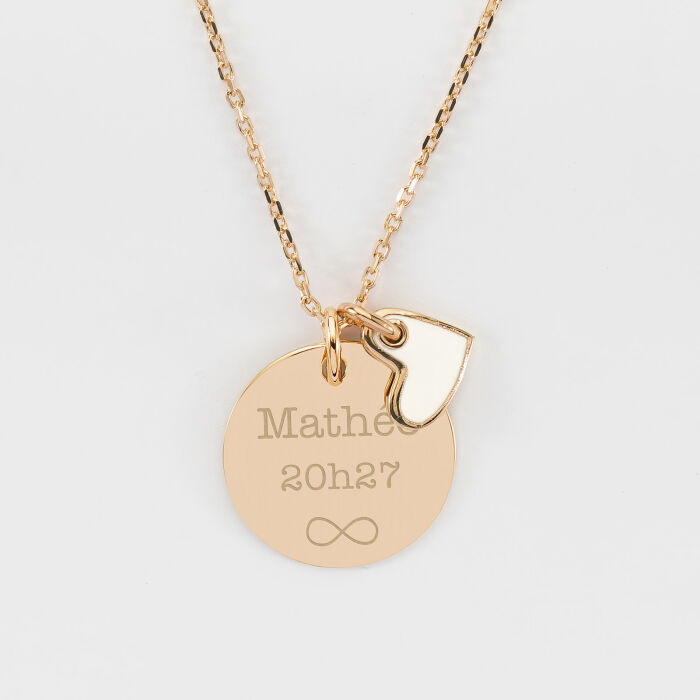 Pendentif personnalisé médaille gravée plaqué or 19 mm et breloque cœur email blanc 10 mm - texte et pictogramme infini