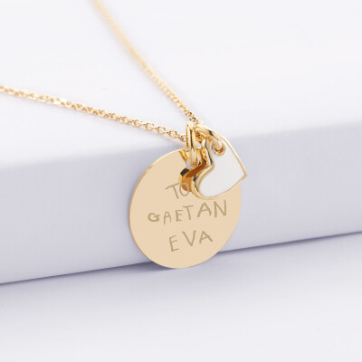 Pendentif personnalisé médaille gravée plaqué or 19 mm et breloque cœur email blanc 10 mm - texte manuscrit