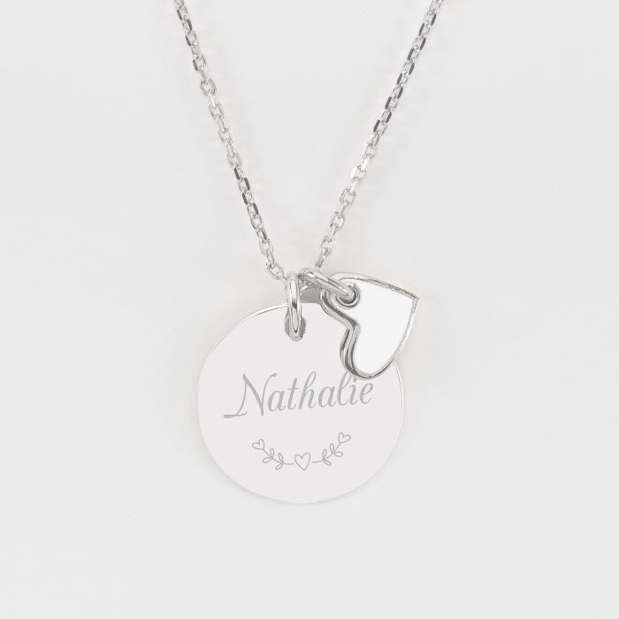 Pendentif personnalisé médaille gravée argent 19 mm et breloque cœur email blanc 10 mm - texte et pictogramme