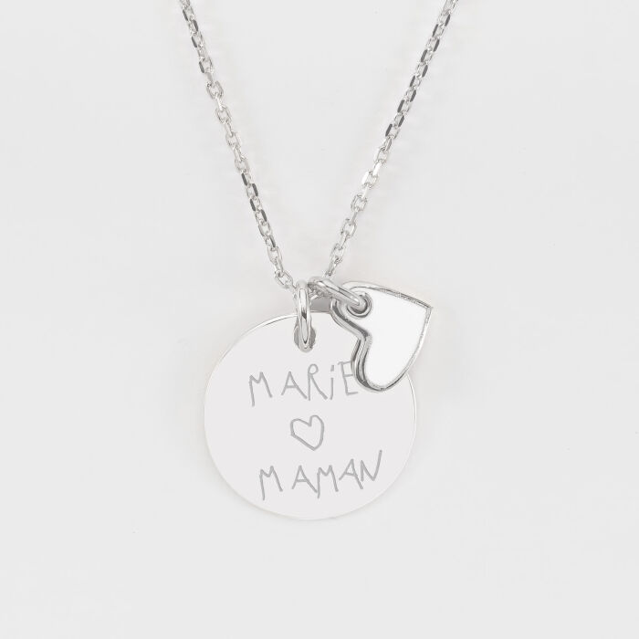 Pendentif personnalisé médaille gravée argent 19 mm et breloque cœur email blanc 10 mm - texte manuscrit