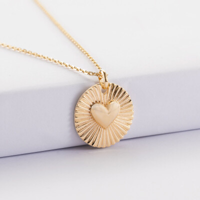 Pendentif personnalisé médaille soleil coeur bombé gravée plaqué or 19 mm - face biais