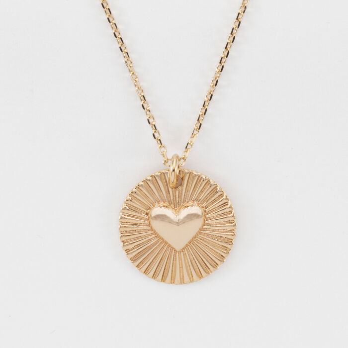 Pendentif personnalisé médaille soleil coeur bombé gravée plaqué or 19 mm - face à plat