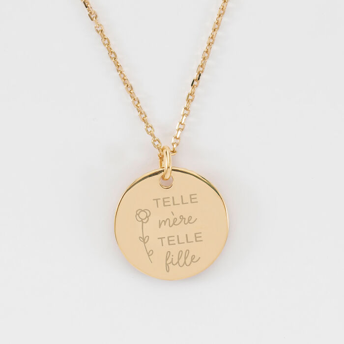 Pendentif personnalisé médaille soleil coeur bombé gravée plaqué or 19 mm - illu telle mère telle fille