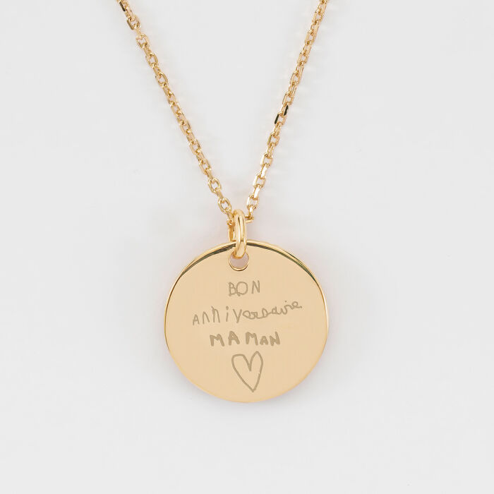 Pendentif personnalisé médaille soleil coeur bombé gravée plaqué or 19 mm - texte manuscrit