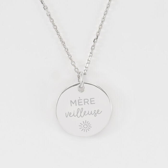Pendentif personnalisé médaille soleil coeur bombé gravée argent 19 mm - illustration mère veilleuse