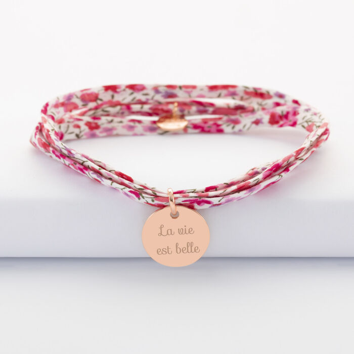 Bracelet 3 tours Liberty personnalisé médaille gravée plaqué or rose 15 mm - texte simple