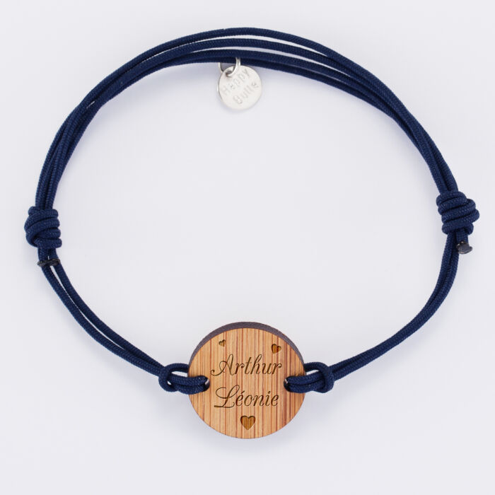 Bracelet homme personnalisé médaille gravée bois ronde 2 trous 21 mm - prénoms