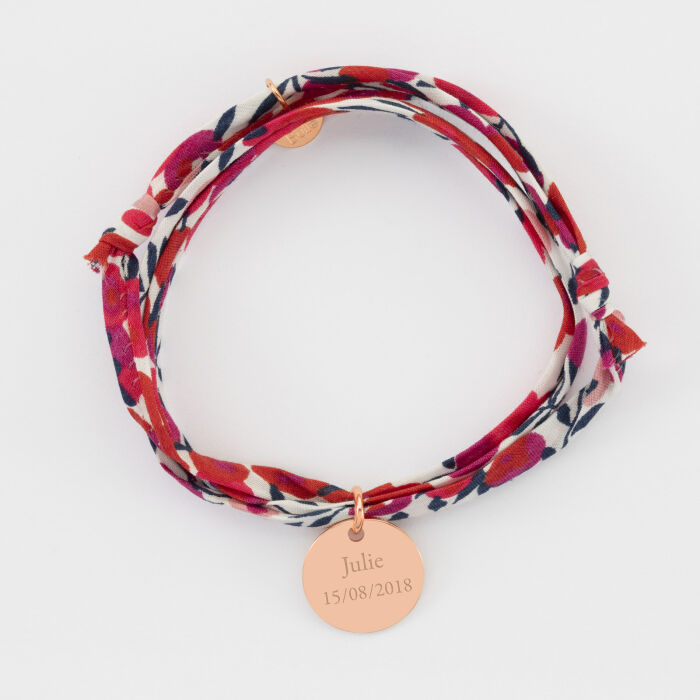 Bracelet 3 tours Liberty personnalisé médaille gravée plaqué or rose 15 mm - texte prénom et date