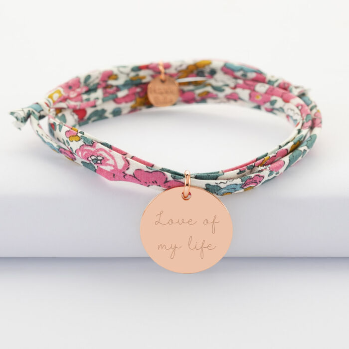 Bracelet 3 tours Liberty personnalisé médaille gravée plaqué or rose 19 mm - texte