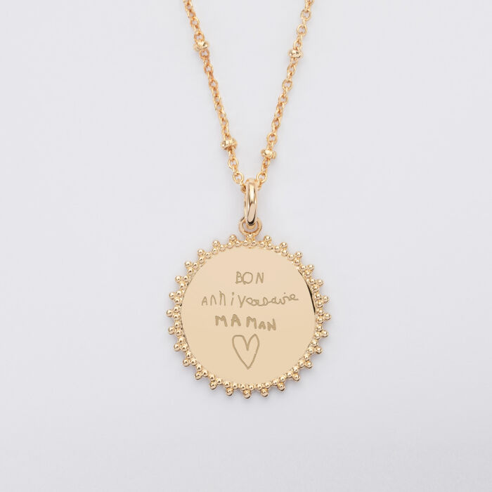Pendentif personnalisé médaille soleil  gravée plaqué or 20 mm - texte manuscrit