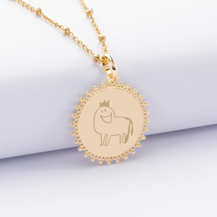 Pendentif personnalisé médaille soleil  gravée plaqué or 20 mm - dessin