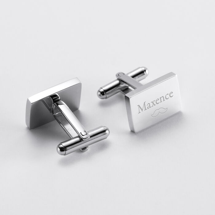 Boutons de manchettes personnalisés gravés plaqué argent rectangle - prénom