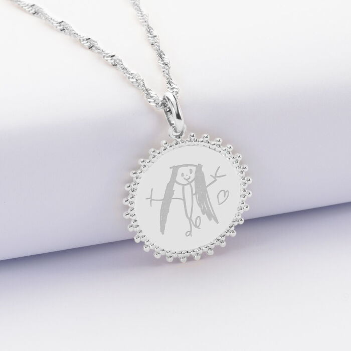 Pendentif personnalisé médaille soleil gravée argent 20 mm - dessin
