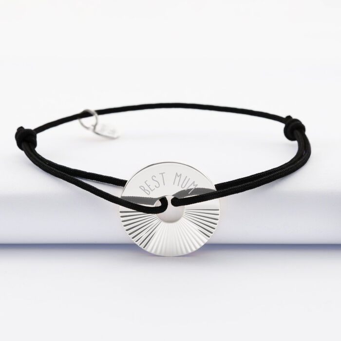 Bracelet personnalisé médaille gravée argent cible soleil 21 mm - texte best mum