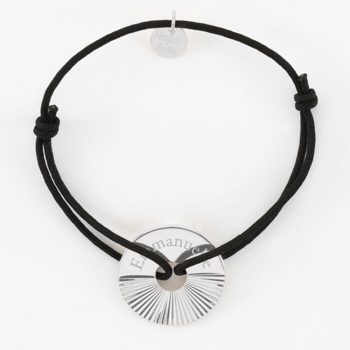 Bracelet personnalisé médaille gravée argent cible soleil 21 mm - prénom Emmanuelle