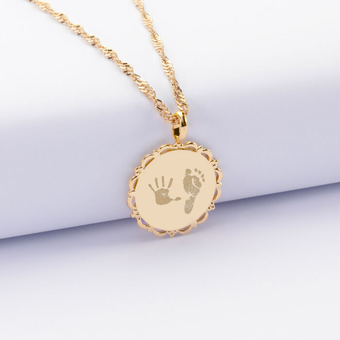 Pendentif personnalisé médaille vintage dentelée gravée plaqué or 17 mm - empreinte