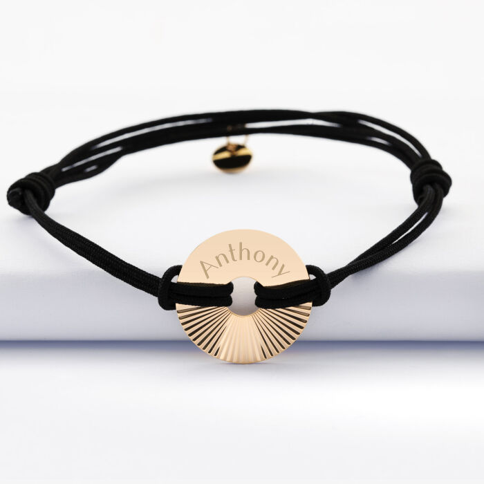 Bracelet homme personnalisé cordon double médaille gravée plaqué or cible soleil 21 mm - prénom