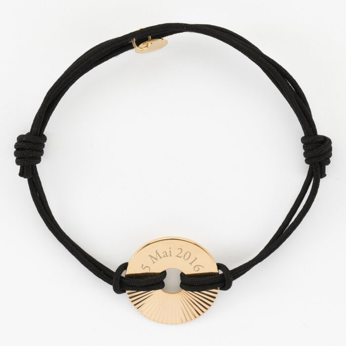 Bracelet homme personnalisé cordon double médaille gravée plaqué or cible soleil 21 mm - date