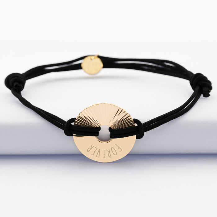 Bracelet homme personnalisé cordon double médaille gravée plaqué or cible soleil 21 mm - texte forever