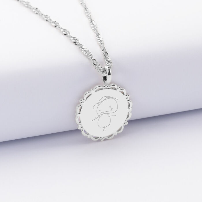 Personalized silver serrated vintage medal pendant 17 mm