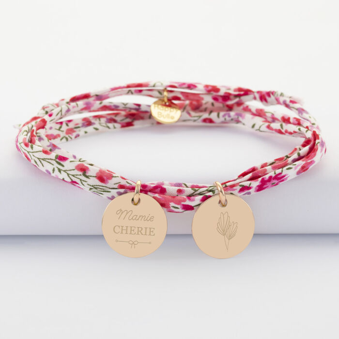 Bracelet 3 tours Liberty personnalisé 2 médailles gravées plaqué or 15 mm - illustrations