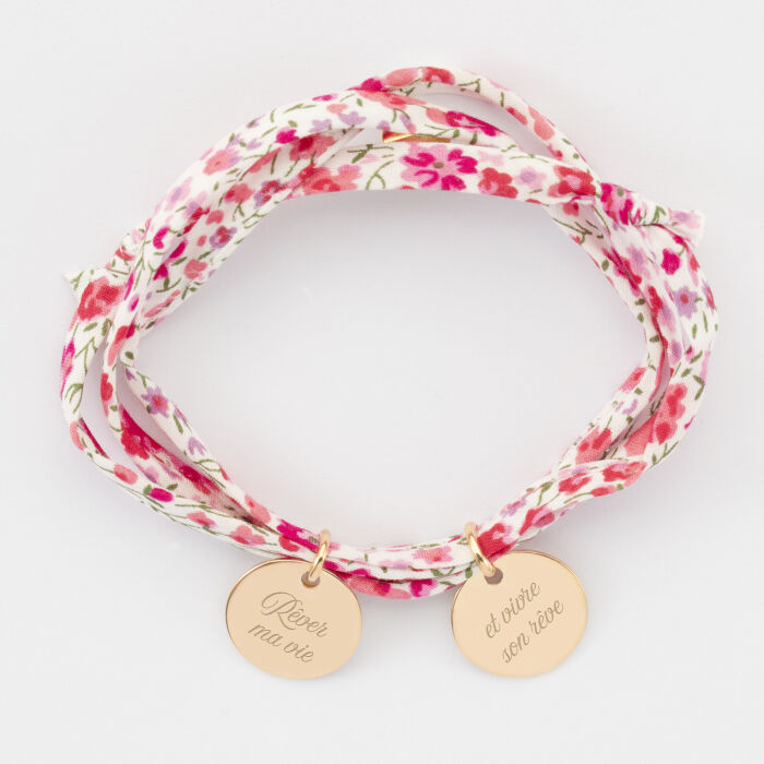Bracelet 3 tours Liberty personnalisé 2 médailles gravées plaqué or 15 mm - texte