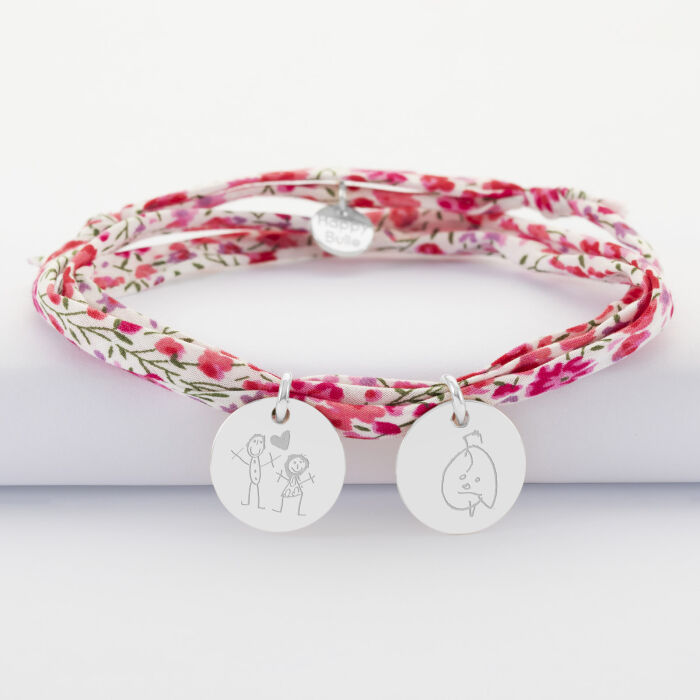 Bracelet 3 tours Liberty personnalisé 2 médailles gravées argent 15 mm - dessin