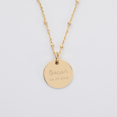 Pendentif personnalisé médaille gravée plaqué or 15 mm - texte et date