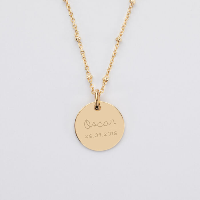 Pendentif personnalisé médaille gravée plaqué or 15 mm - texte et date