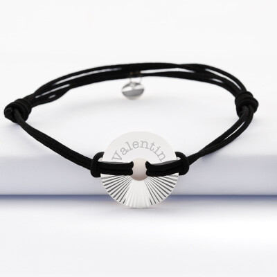 Bracelet homme personnalisé cordon double médaille gravée argent cible soleil 21 mm - prénom