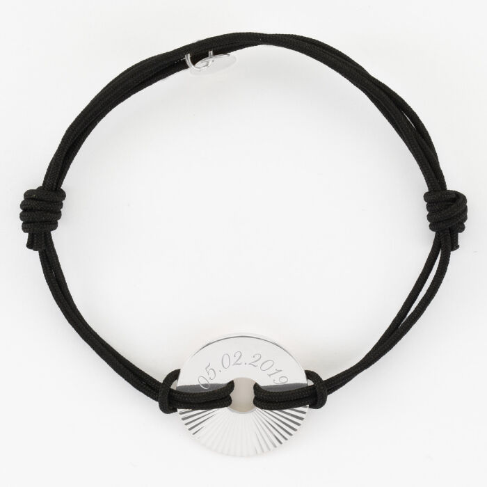 Bracelet homme personnalisé cordon double médaille gravée argent cible soleil 21 mm - date