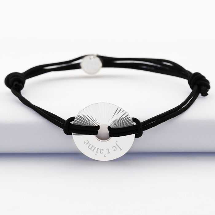 Bracelet homme personnalisé cordon double médaille gravée argent cible soleil 21 mm - texte je t'aime