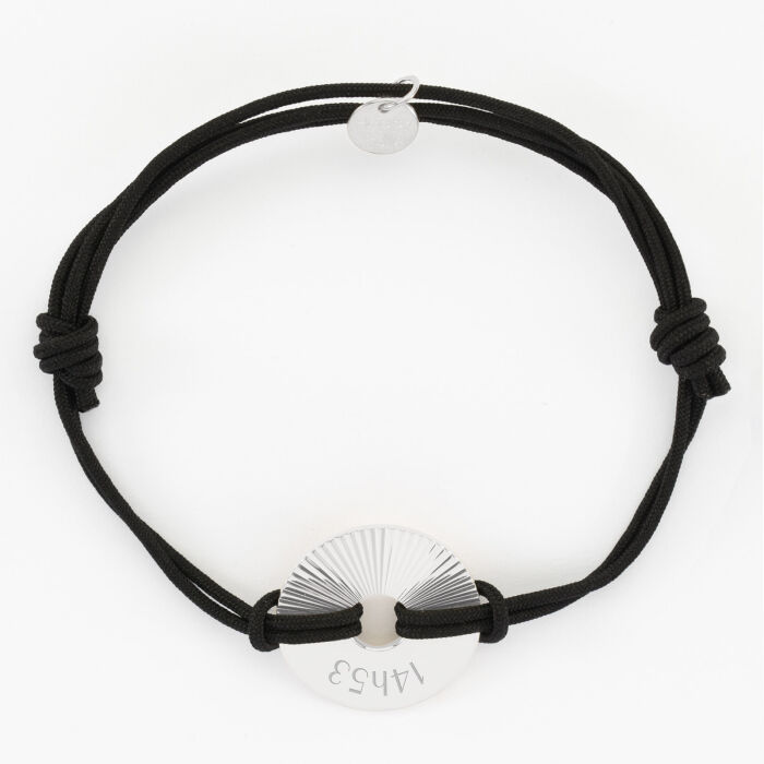 Bracelet homme personnalisé cordon double médaille gravée argent cible soleil 21 mm - heure