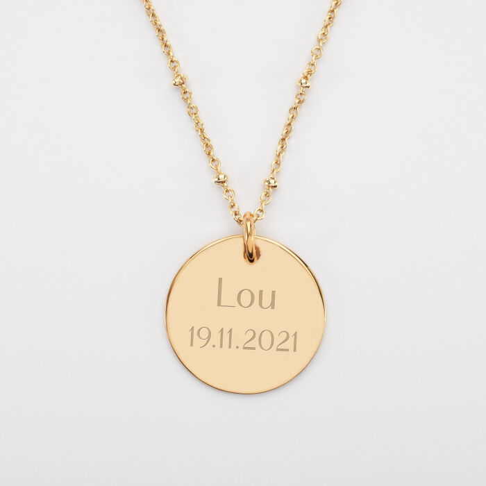 Pendentif personnalisé médaille gravée plaqué or 19 mm - prénom date
