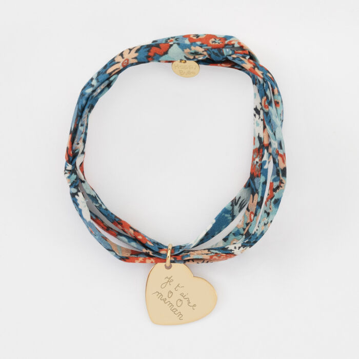 Bracelet 3 tours Liberty personnalisé médaille gravée plaqué or dormeuse coeur 19x21 mm  - texte manuscrit