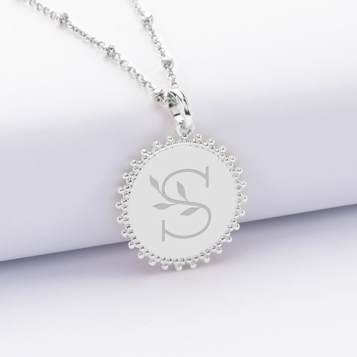 Pendentif personnalisé médaille soleil gravée argent 20 mm - illu alphabet floral