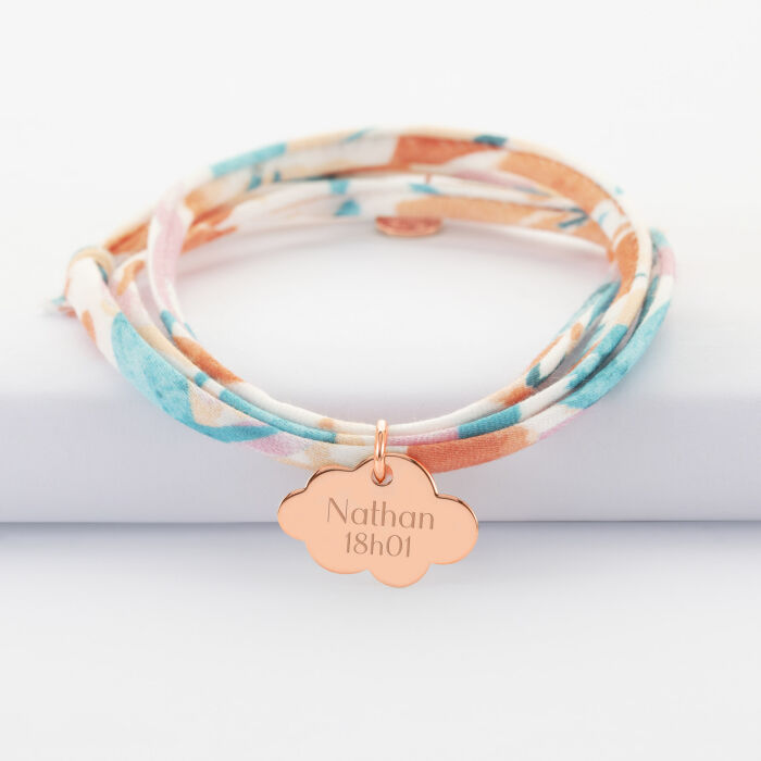 Bracelet 3 tours Liberty personnalisé prénom médaille gravée plaqué or rose nuage 20x14 mm - prénom et date