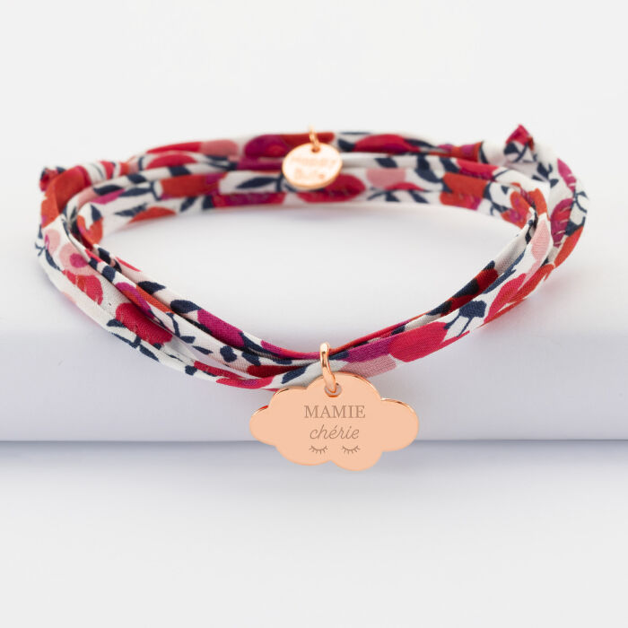 Bracelet 3 tours Liberty personnalisé prénom médaille gravée plaqué or rose nuage 20x14 mm - illu mamie chérie