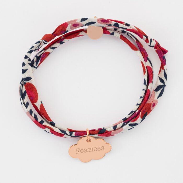 Bracelet 3 tours Liberty personnalisé prénom médaille gravée plaqué or rose nuage 20x14 mm - texte fearless