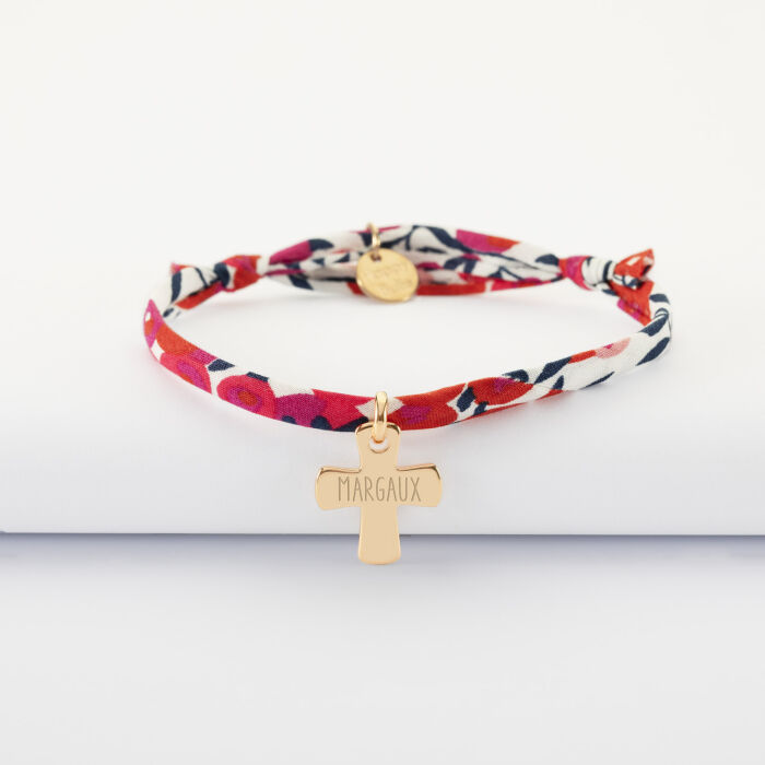 Bracelet enfant Liberty personnalisé médaille gravée plaqué or croix 15x13 mm - margaux