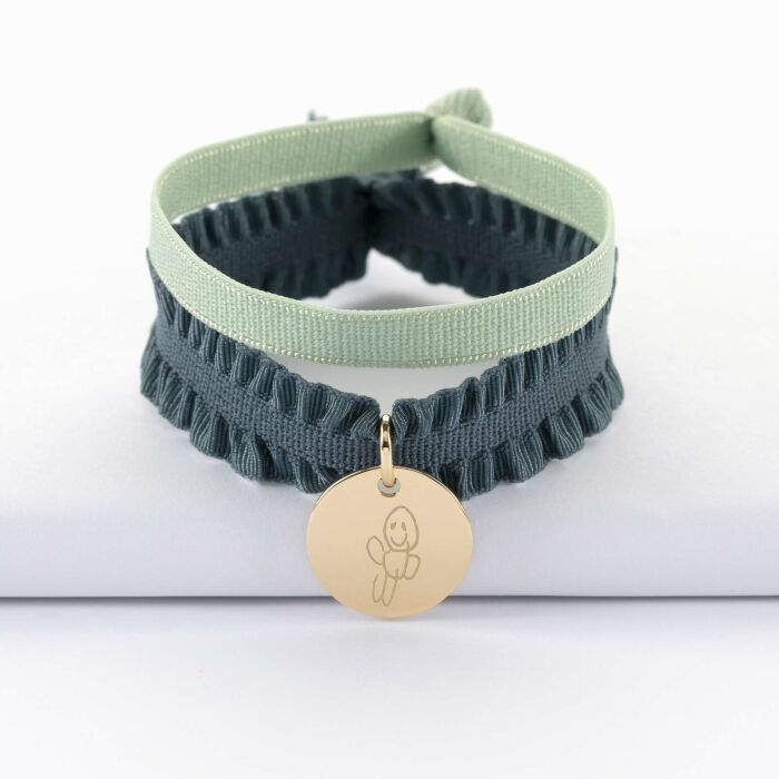 Coffret de bracelets enfant personnalisés cordons élastiques interchangeables médaille gravée plaqué or 15 mm - dessin