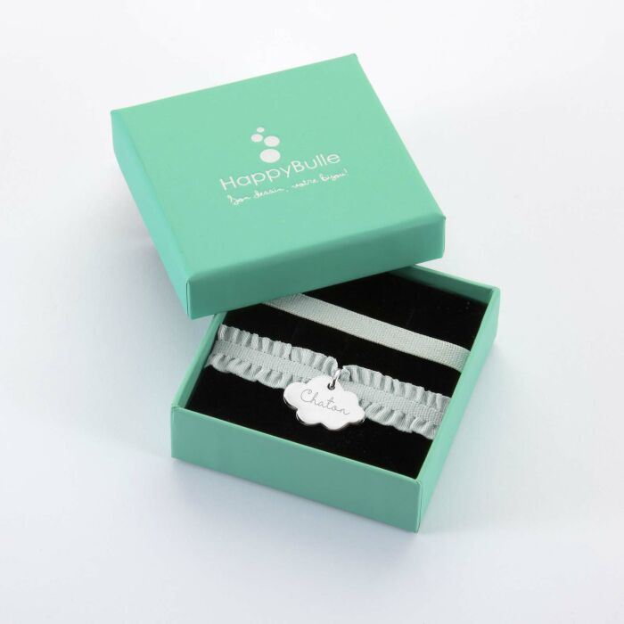 Coffret de bracelets enfant personnalisés cordons élastiques interchangeables médaille gravée argent nuage 20x14 mm - chaton