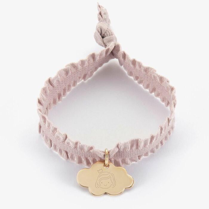 Coffret de bracelets enfant personnalisés cordons élastiques interchangeables médaille gravée plaqué or nuage 20x14 mm - illu baptême