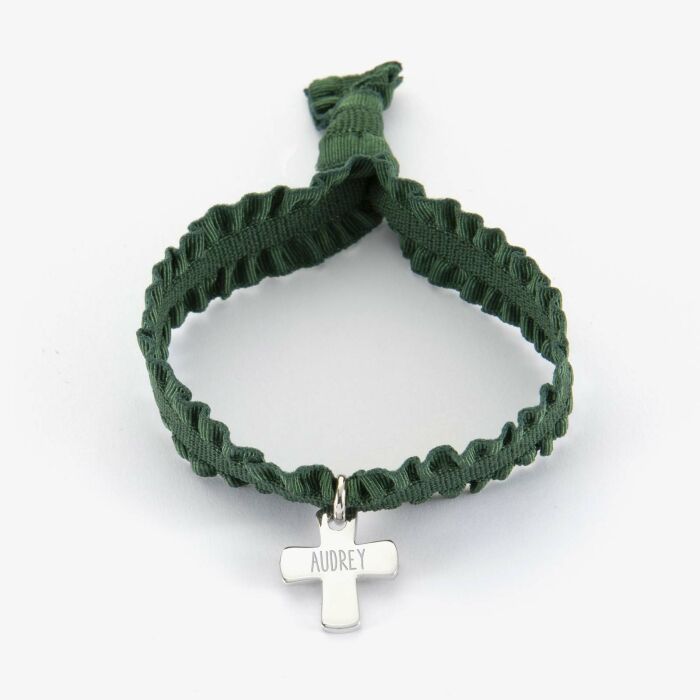 Coffret de bracelets enfant personnalisés cordons élastiques interchangeables médaille gravée argent croix 15x13 mm - audrey